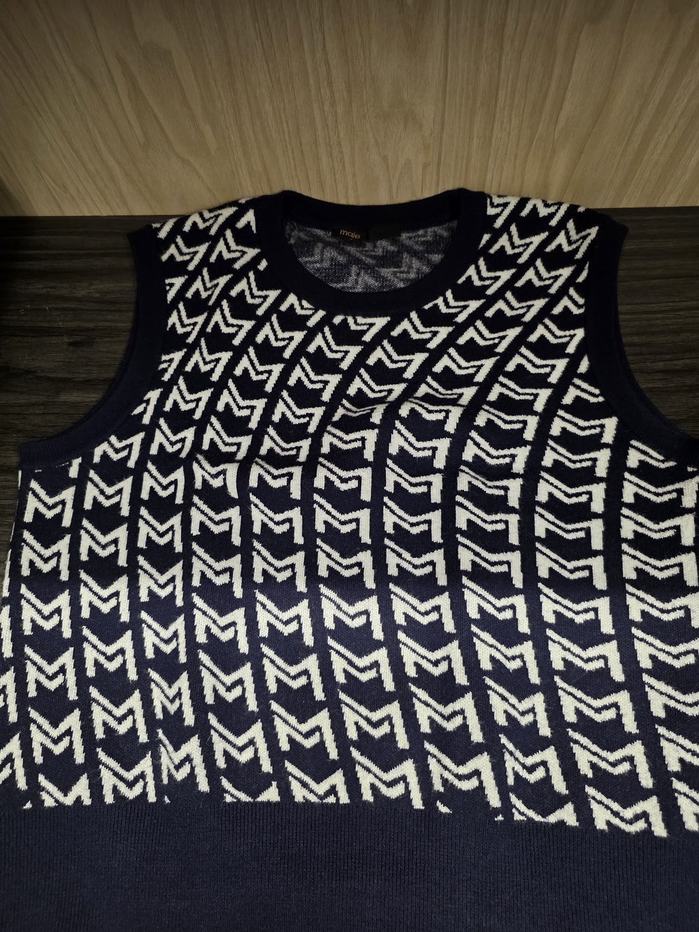 Maje Navy and White Knit Sleeveless Sweater